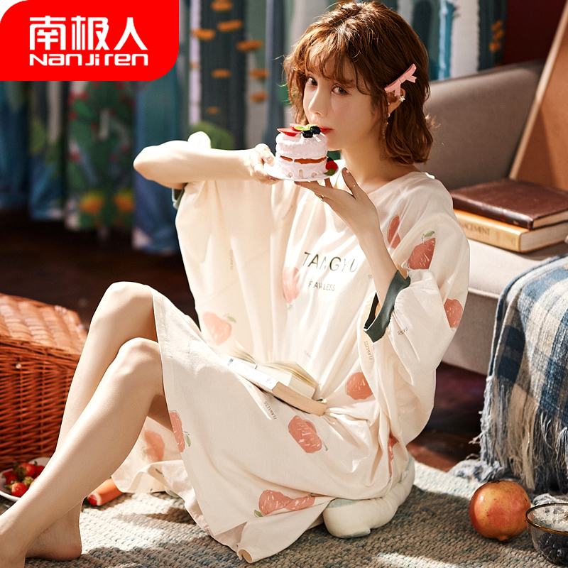 南极人睡裙女夏天纯棉短袖长款可爱睡衣女春秋季可外穿薄款家居服 - 封面