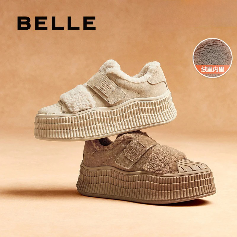百丽贝壳头毛毛加绒厚底板鞋