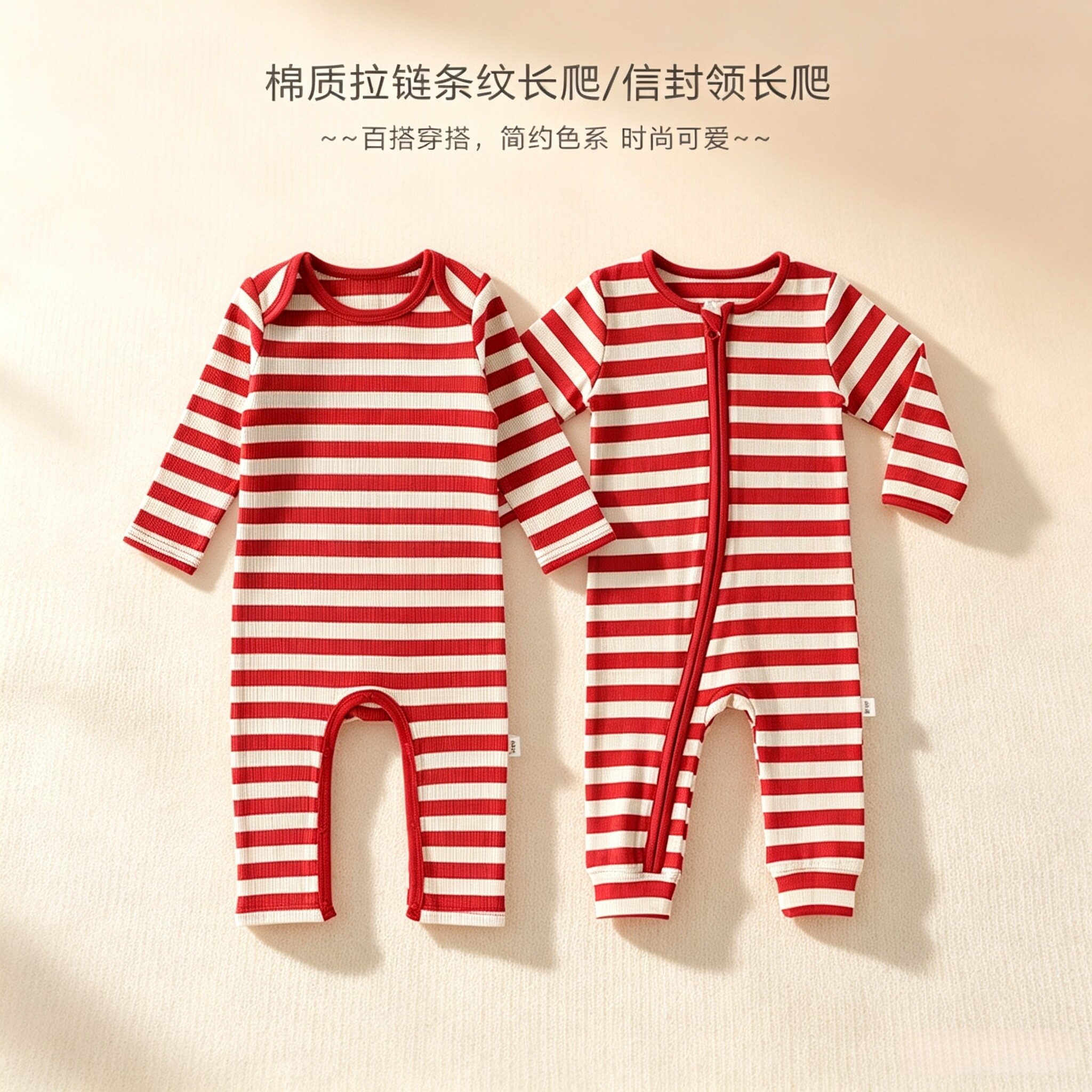 2026新款婴儿圣诞主题连体衣棉质拉链爬服男女宝宝新年条纹家居服