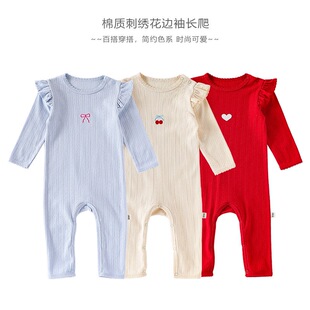 ins新款北欧风女宝宝套头连体衣花边公主爬服纯棉a类婴儿可爱哈衣