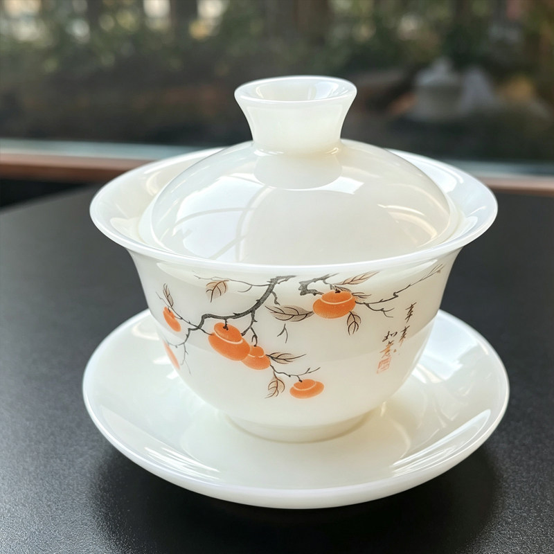 璞玉盖碗三才泡茶碗薄胎潮汕功夫茶具女泡茶杯德化白瓷高温瓷