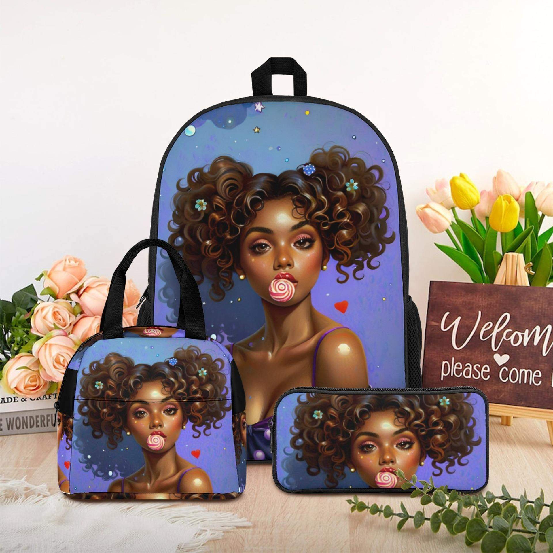 印logoAfrican girl 卡通非洲女孩双肩背包中小学生书包手提餐包,文具电教/文化用品/商务用品,学生书包,淘宝优惠券,粉丝福利购,淘宝优惠卷