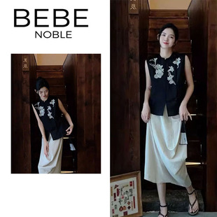 2024新款 BEBE 国风套装 黑色刺绣马甲半身裙两件套 NOBLE新中式 夏季