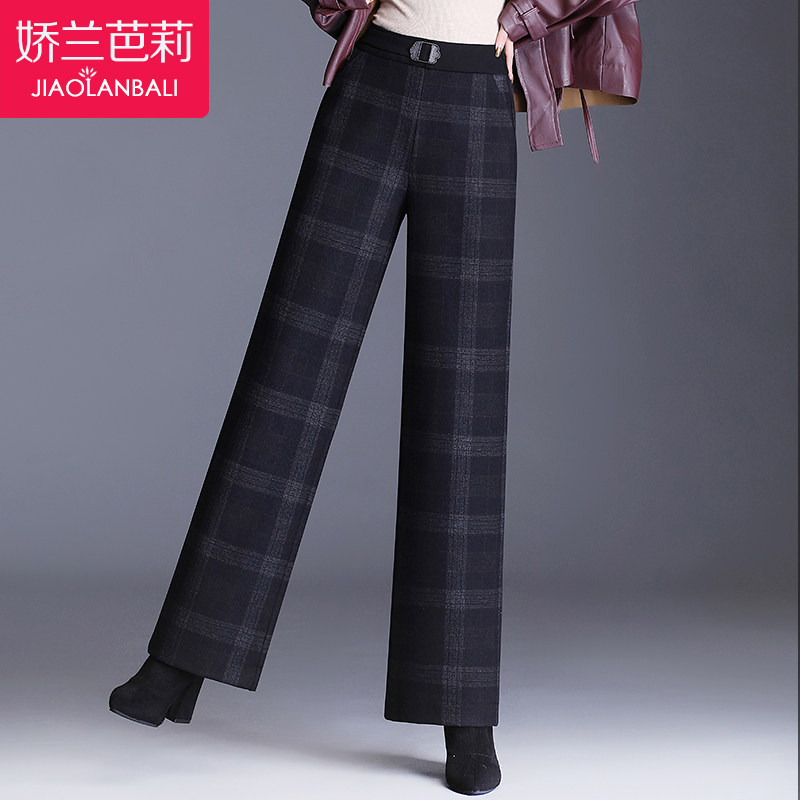 妈妈裤子高腰宽松阔腿裤中年女裤秋冬季松紧腰中老年女装毛呢长裤