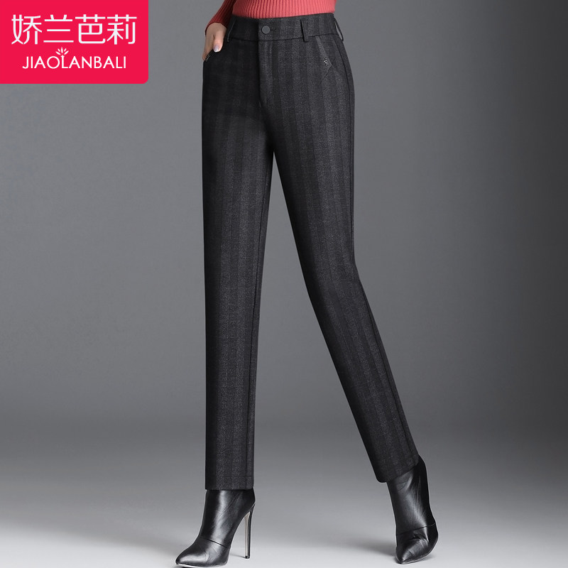 中年妈妈裤子秋冬女装直筒长裤加绒加厚毛呢条纹中老年人女裤冬季