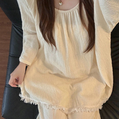 长裤 圆领流苏花边春纯色家居服套装 秋季 睡衣女长袖 树皮皱 新款