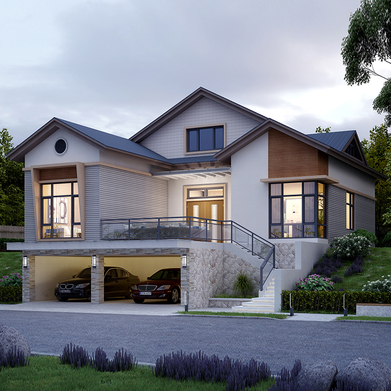 坡地一层带架空层别墅设计图纸及效果图,新农村自建房