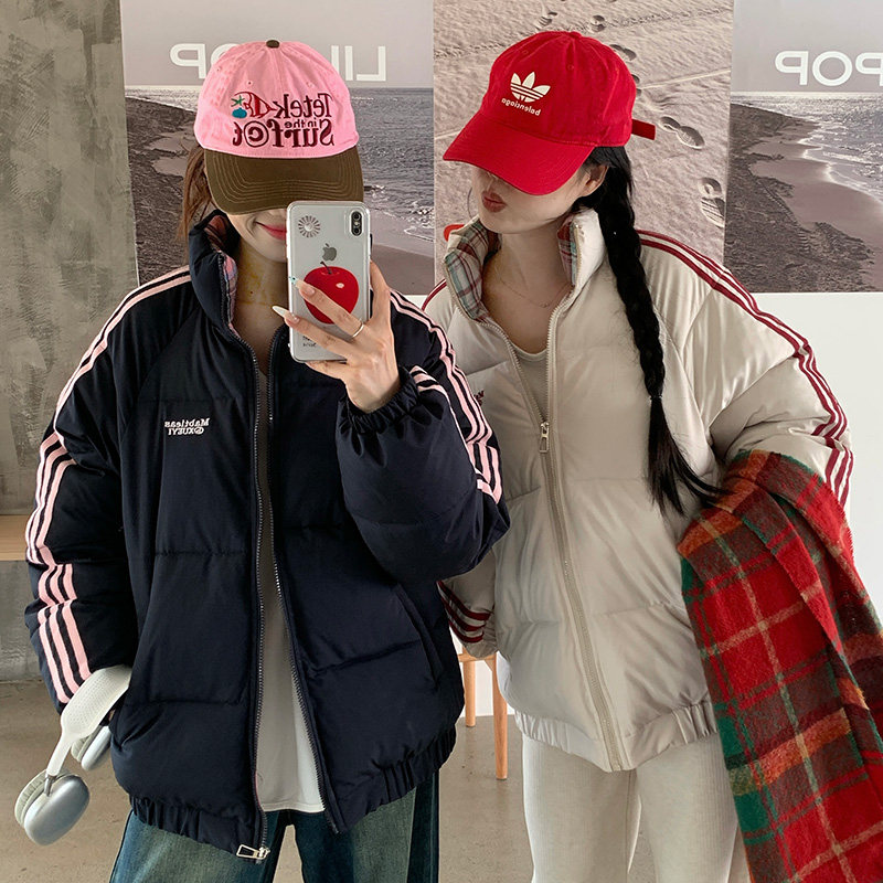 麻瓜织带条纹棉服男女款冬季加厚情侣格子拼接棉衣立领面包服