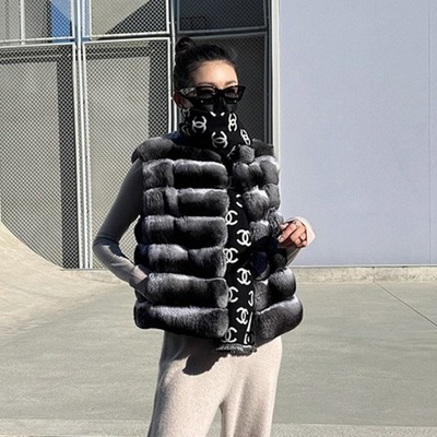 韩版高级感时髦贵妇青紫蓝龙猫外套女环保兔毛皮草马甲短款背心XL