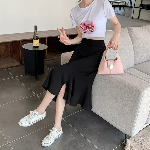 大码胖mm黑色西装鱼尾半身裙