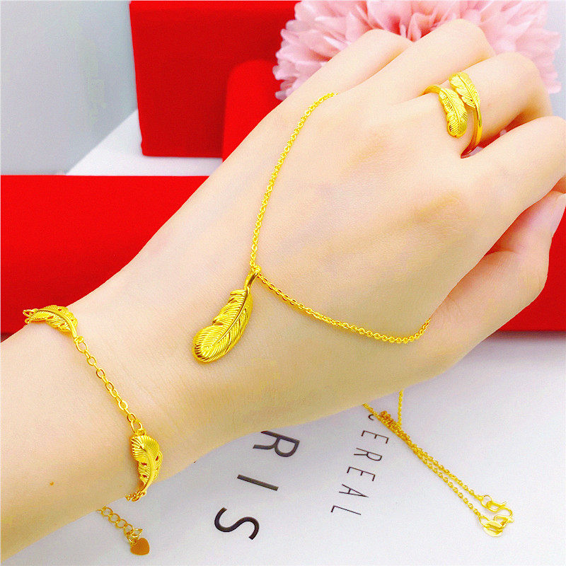 镀金仿真3D硬金沙金羽毛吊坠 女士细项链仿黄金首饰套装 羽毛饰品
