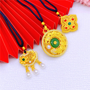 古法镶钻钱龙圆牌吊坠镀金荷花锦鲤锁吊坠编绳项链仿真沙金首饰女