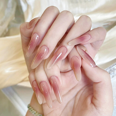 纯手工裸色腮红美甲中长款杏仁甲