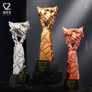 水晶树脂镀金奖杯优秀团队握手奖杯定制金银铜色订制免费刻字年会