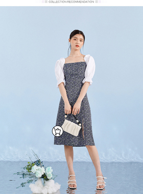 拼接高开叉碎花连衣裙女2023夏收腰方领复古优雅长裙A8FAB2404C0