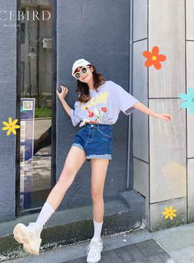 鸟牛仔短裤女高腰宽松翻边AWHB82796直筒裤休闲性感热裤AWHB82796