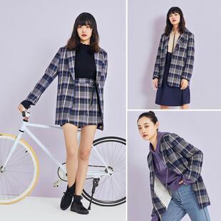 2021春秋蓝色格子西装外套女港味复古chic小西服英伦纹