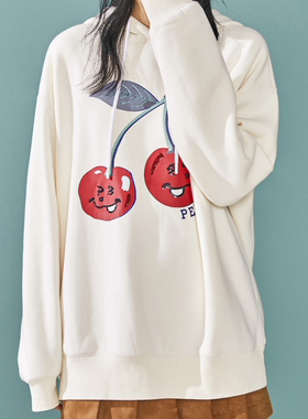 鸟家秋冬套头连帽加绒卫衣女宽松bf慵懒风樱桃印花上衣AWBA94371