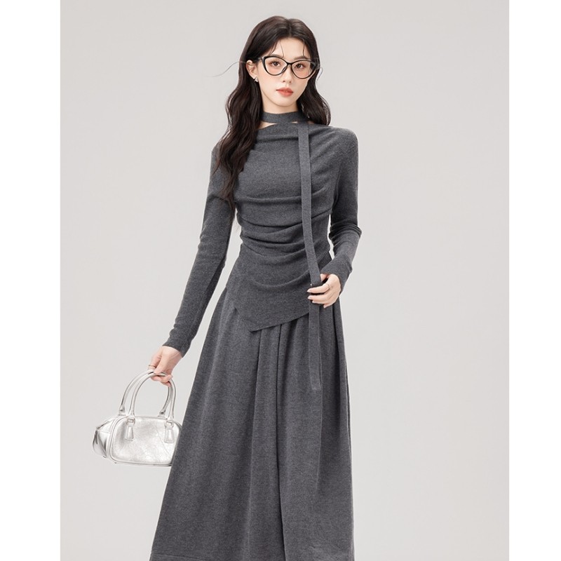 仙气灰色不规则针织上衣女秋冬季新款收腰设计感裙子时尚套装半口