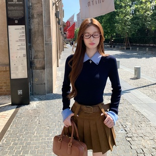 POLO上衣假两件针织衫 拼色修身 翻领T恤 m1u系女孩