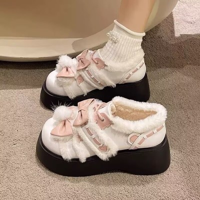 冬季加绒洛丽塔毛毛单鞋女2025日系软妹可爱软萌Lolita皮鞋雪地靴