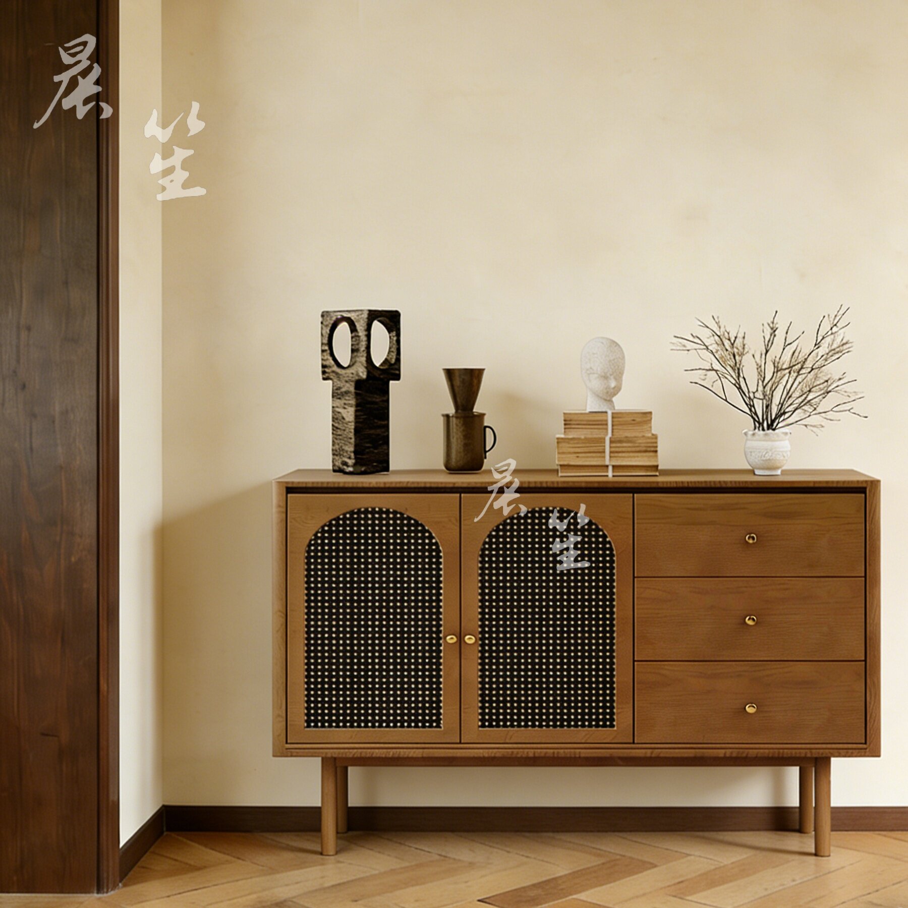 北欧新中式实木藤编餐边柜现代简约客厅收纳储物柜展示柜宋式定制