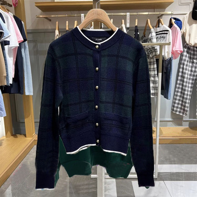 依恋针织衫开衫秋冬新款格纹提花毛衣上衣外套女EECKD49Y03