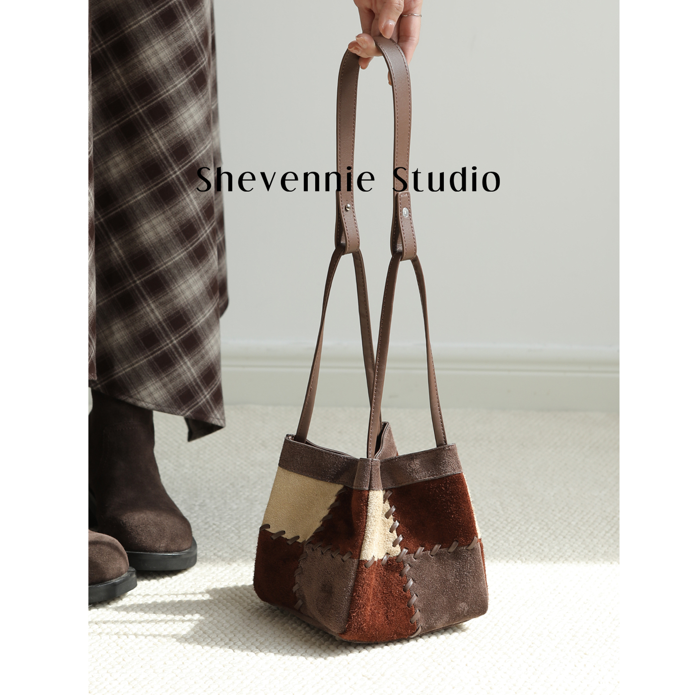 中古手工编织拼接磨砂牛上手提包