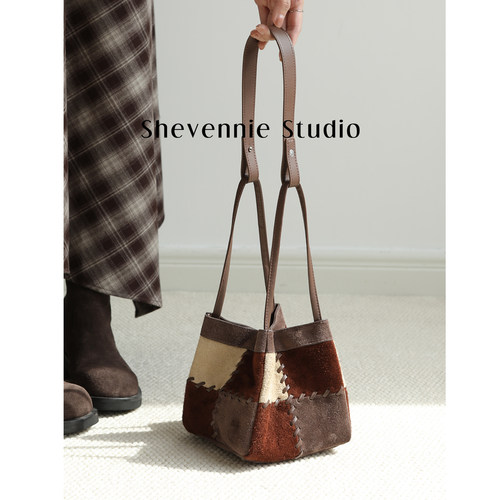 中古手工编织拼接磨砂牛上手提包