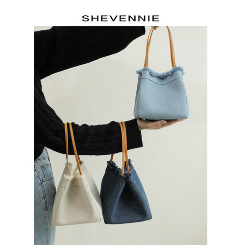shevennie牛仔蓝手提包水桶包
