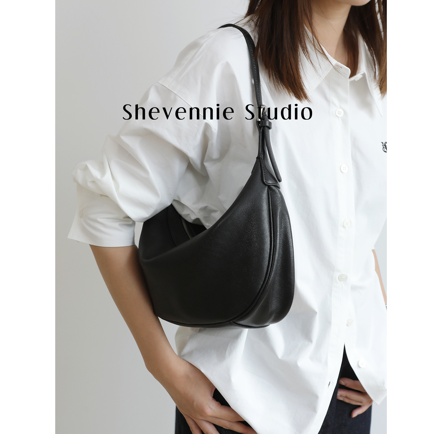 Shevennie2025高级感植鞣牛皮月牙包女复古hobo腋下包单肩斜挎包