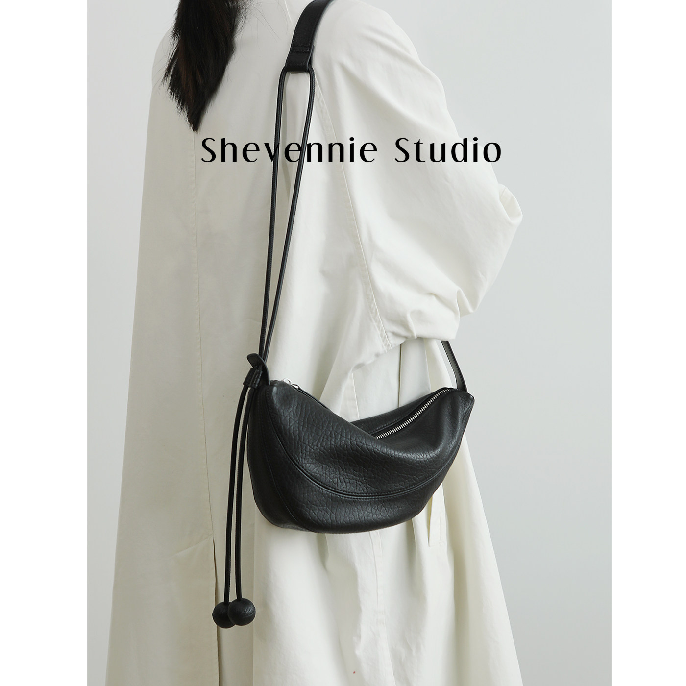 Shevennie2026新品真皮羊皮饺子包牛角包单肩斜垮托特包hobo软包