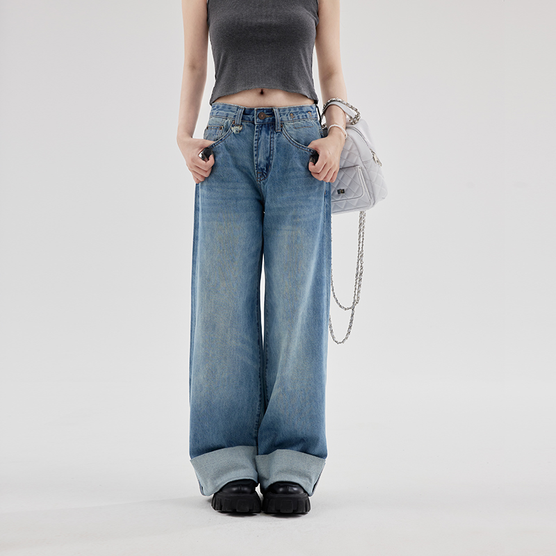 高腰直筒阔腿牛仔裤女2025年新款宽松设计感浅色炸街网红爆款裤子
