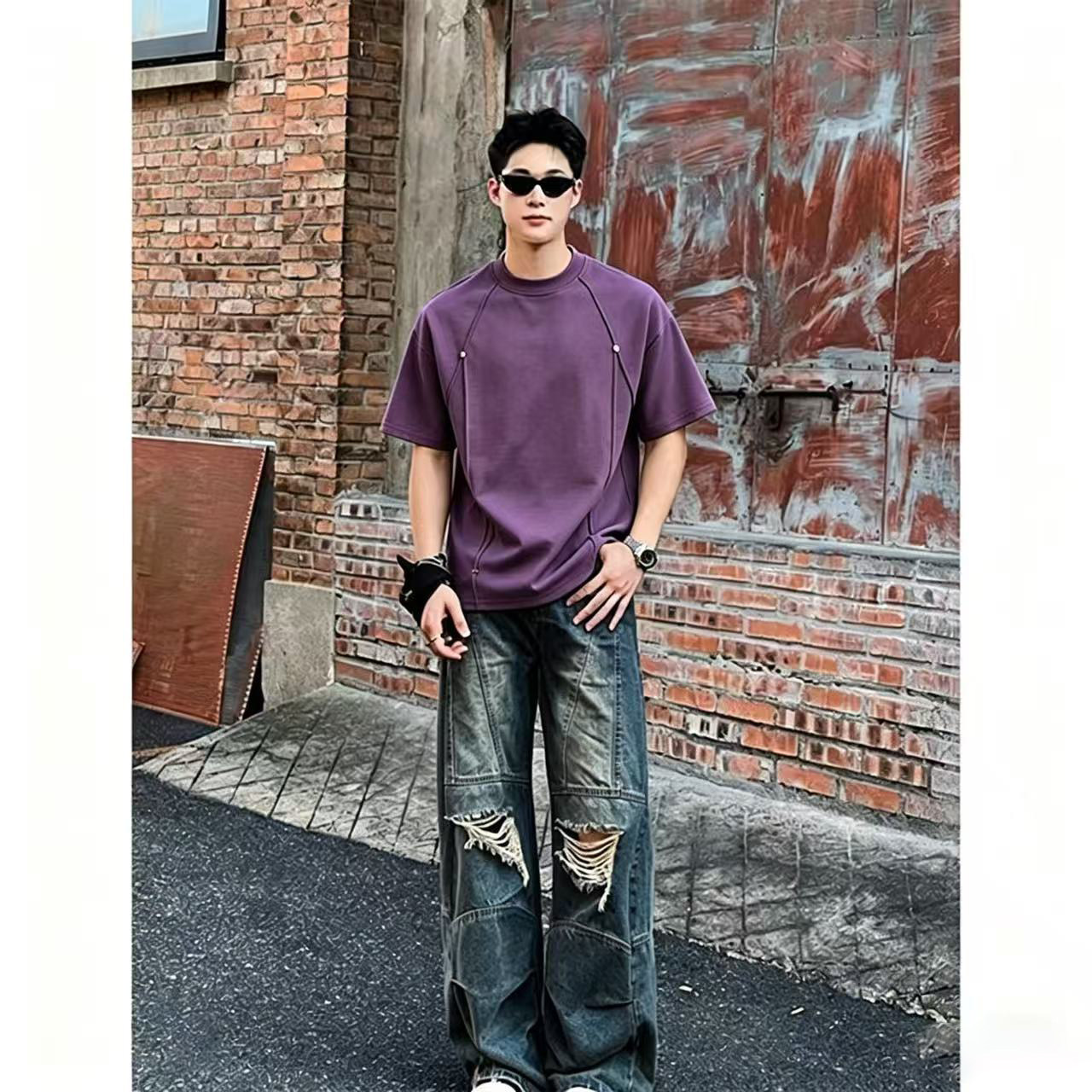 美式硬挺铆钉解构短袖男女潮牌宽松新款夏季美式运动半袖百搭上衣