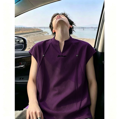 美式廓形铆钉v领背心男款夏季痞帅高级感无袖t恤重磅硬汉运动坎肩