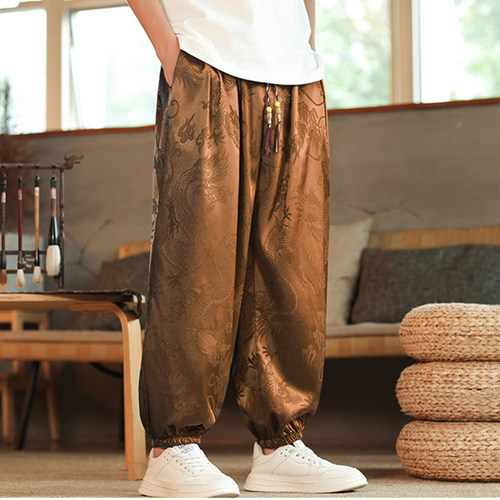 国潮龙纹时尚阔裤腿男夏季加肥加大码潮牌胖子宽松薄款束脚灯笼裤