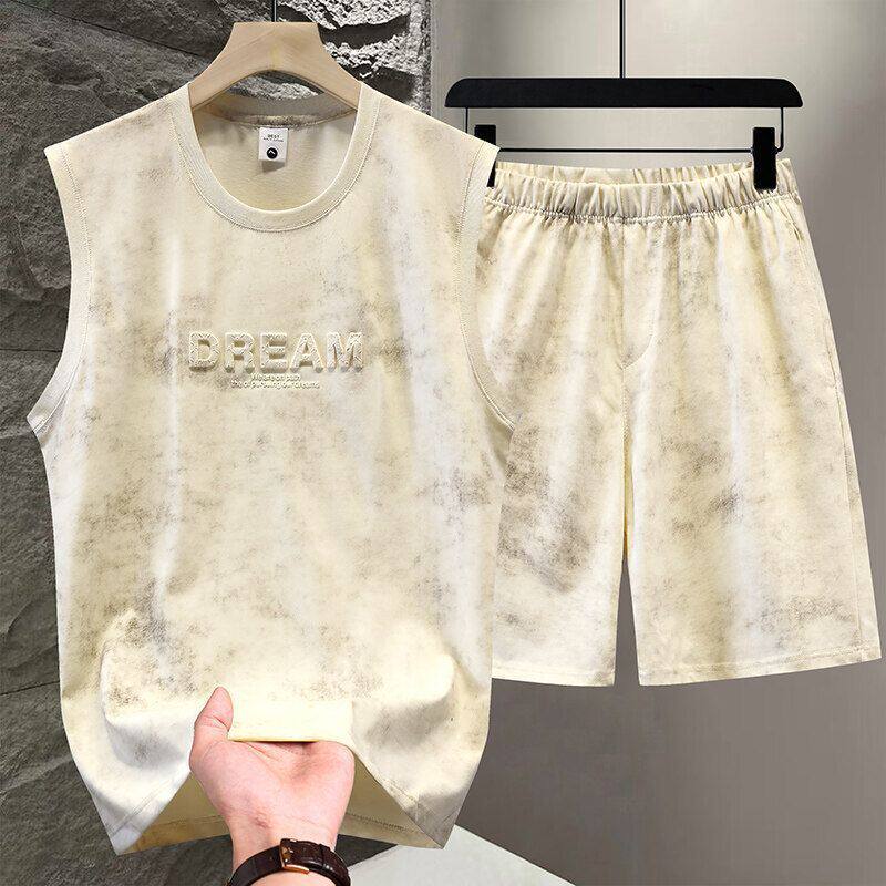 夏季扎染新款休闲套装男士2026背心短裤两件套无袖薄款青少年T恤
