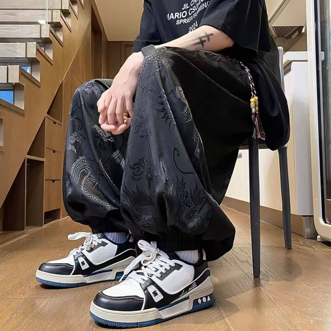 中国风薄款龙纹时尚阔腿裤男休闲裤夏季大码灯笼裤宽松九分裤男裤