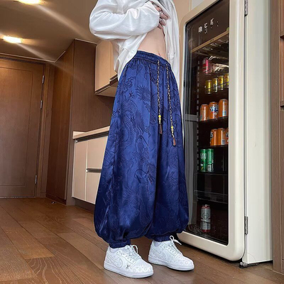 复古龙纹中国风国潮休闲裤子男印花阔腿哈伦裤大码肥佬灯笼裤