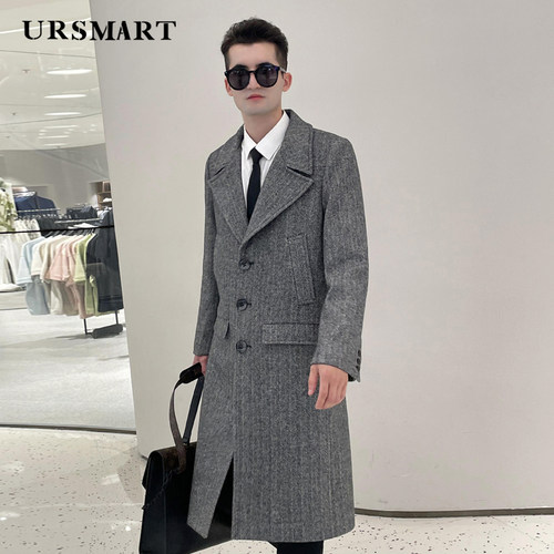 URSMART长款人字纹羊毛大衣秋冬