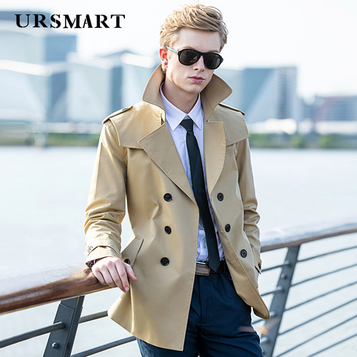 URSMART秋季新款风衣男双排扣短款韩版修身男士风衣休闲外套男潮