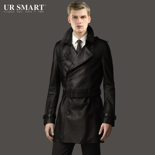 Ursmart双排扣欧美正品皮风衣