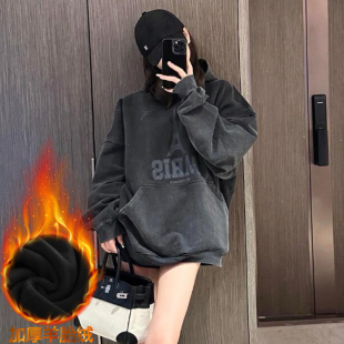 巴黎铁塔印花连帽卫衣女秋冬水洗做旧外套oversize小众宽松上衣潮
