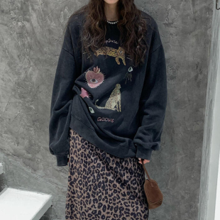 水洗做旧圆领套头卫衣女秋冬加绒加厚外套设计感小众宽松美式 上衣