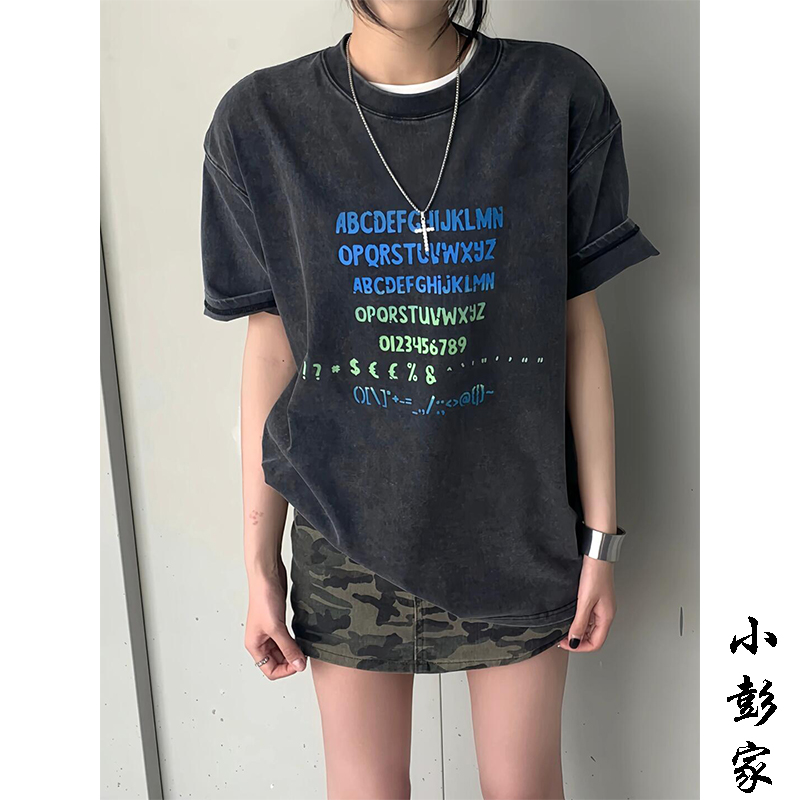 纯棉短袖T恤女夏季新款做旧上衣