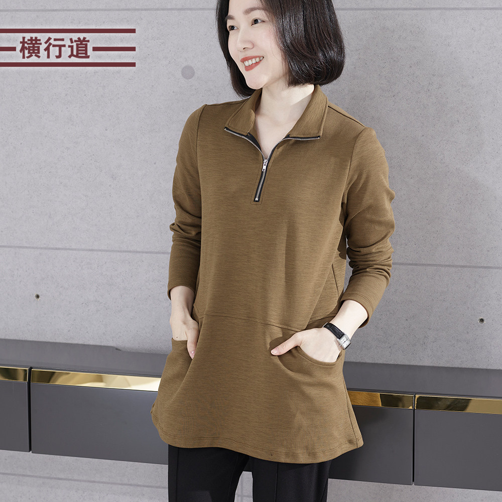 2026春季新款简约纯色翻领拉链口袋中长款长袖T恤女装大码上衣服