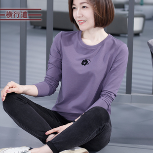 横行道圆领印花休闲宽松纯色长袖女t恤打底衫春装新款妈妈上衣服