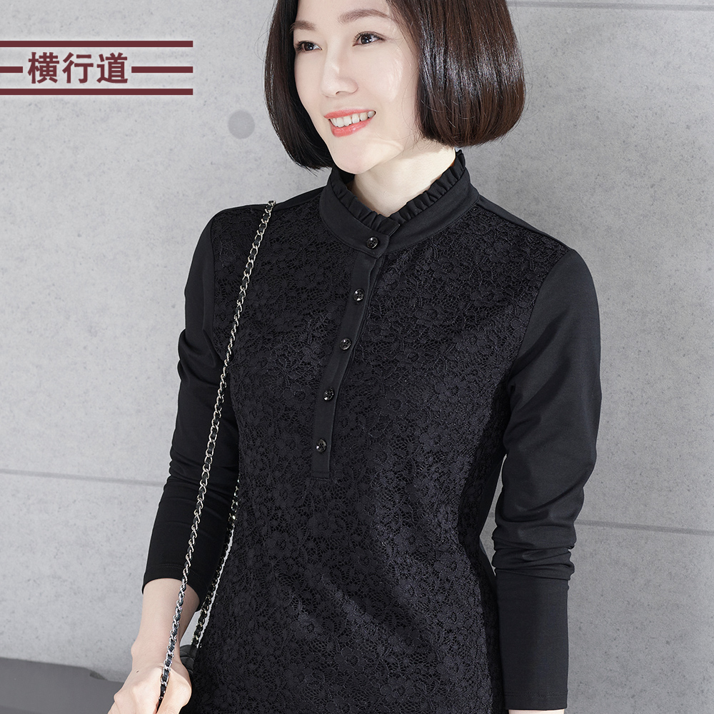 立领花边长袖纽扣纯色打底衫2022新款春秋休闲外穿中年妈妈T恤