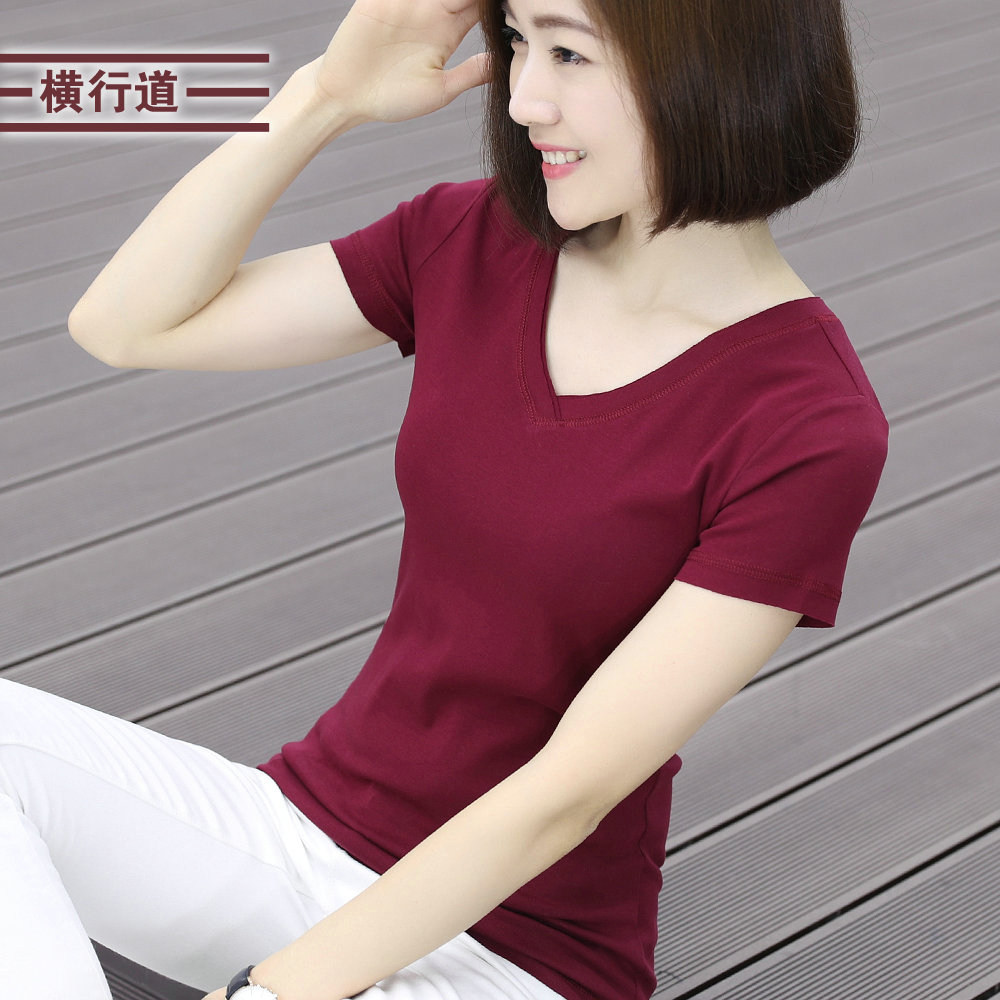 2024新款纯棉v领短袖t恤韩版女装修身大码夏装半袖打底衫中年上衣