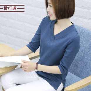 新款 t恤女大码 2025春季 中袖 胖MM中年妈妈七分袖 v领上衣纯棉打底衫